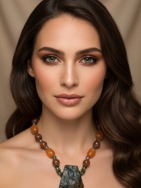 Earth-Tone Statement Necklace with Glass Amber and Green Stone Pendant